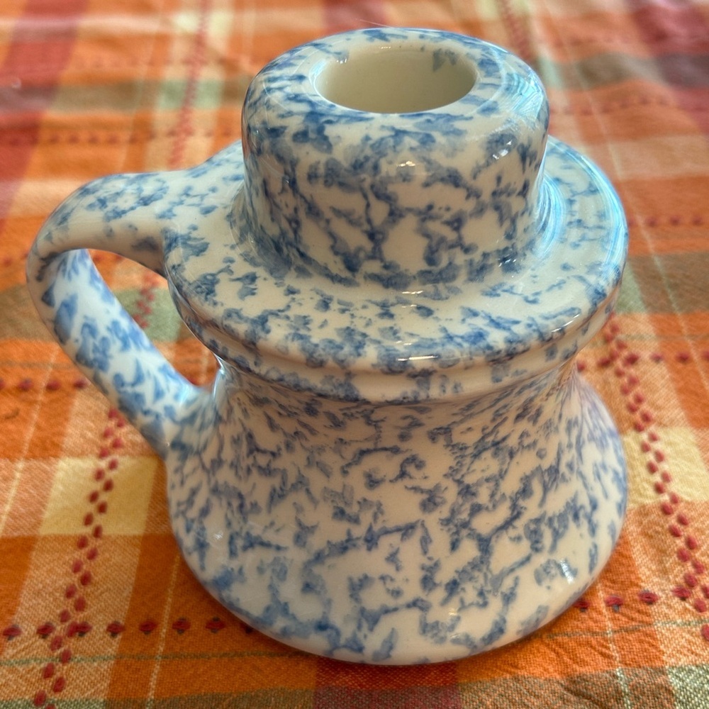 Country Blue And White Spongeware Candleholder With Handle Decor